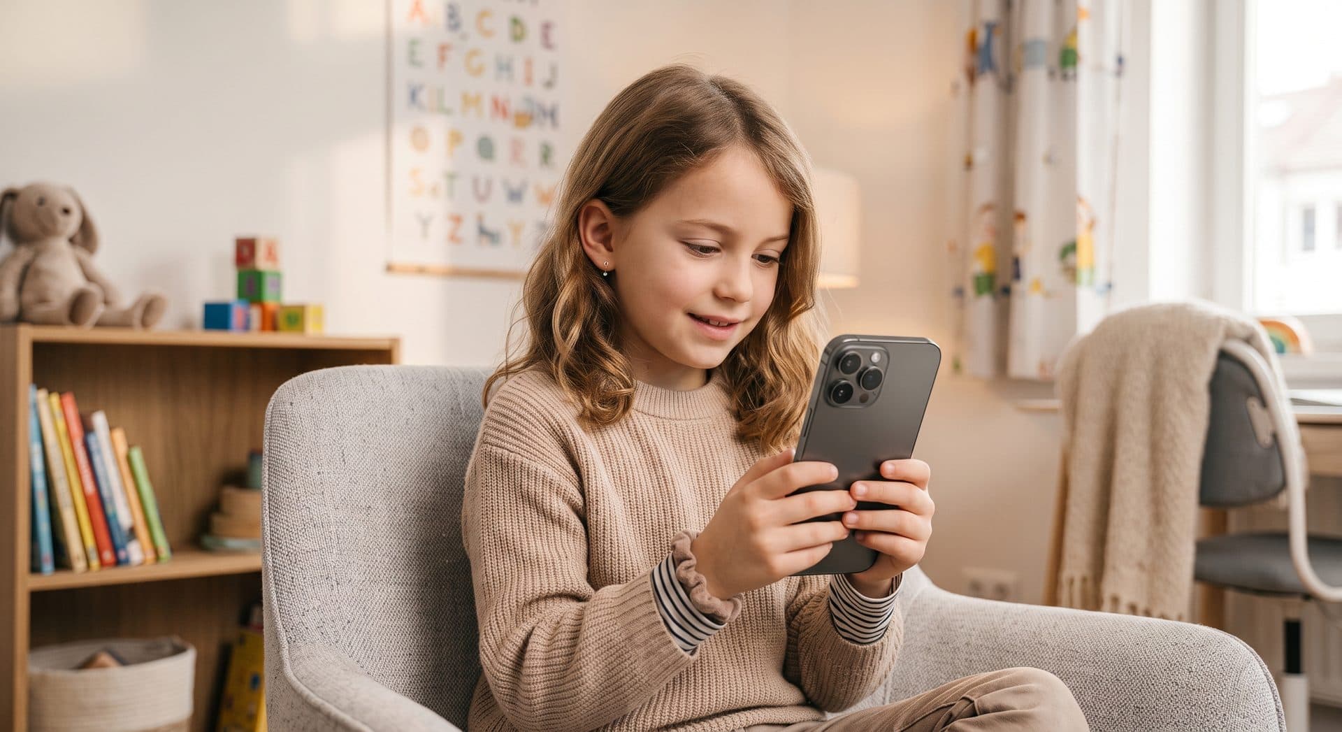 Ein Mädchen sitzt in einem Sessel im Kinderzimmer und schaut auf ein Smartphone